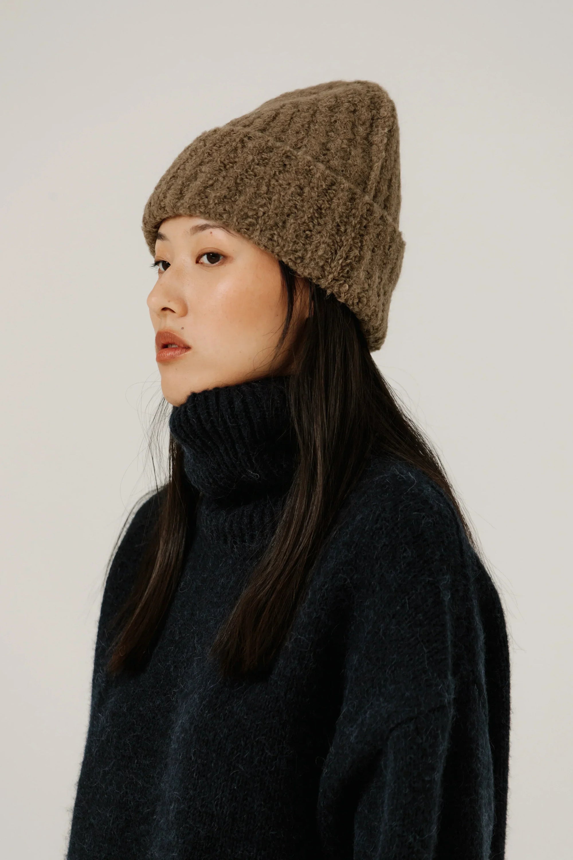 Colette Boucle Beanie in Dark Khaki