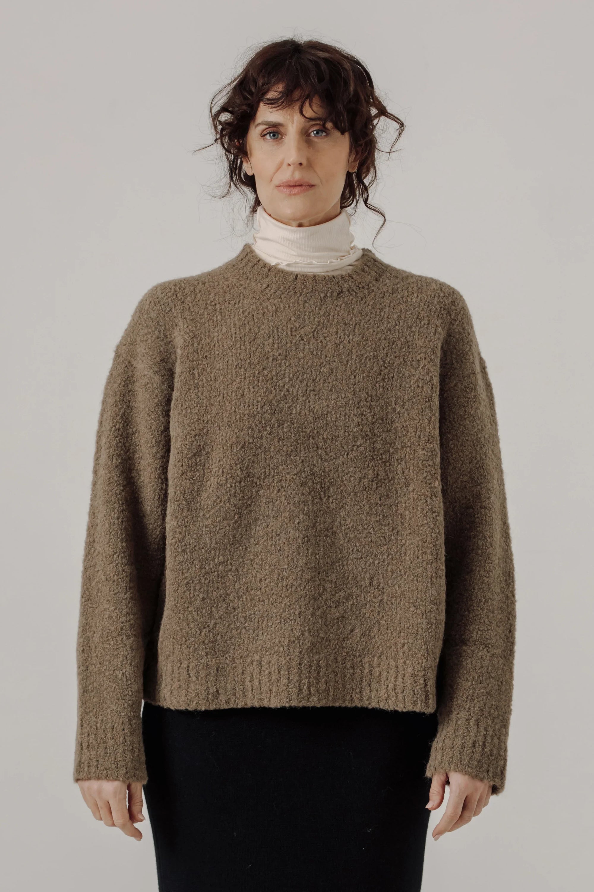 Colette Boucle Crewneck in Dark Khaki