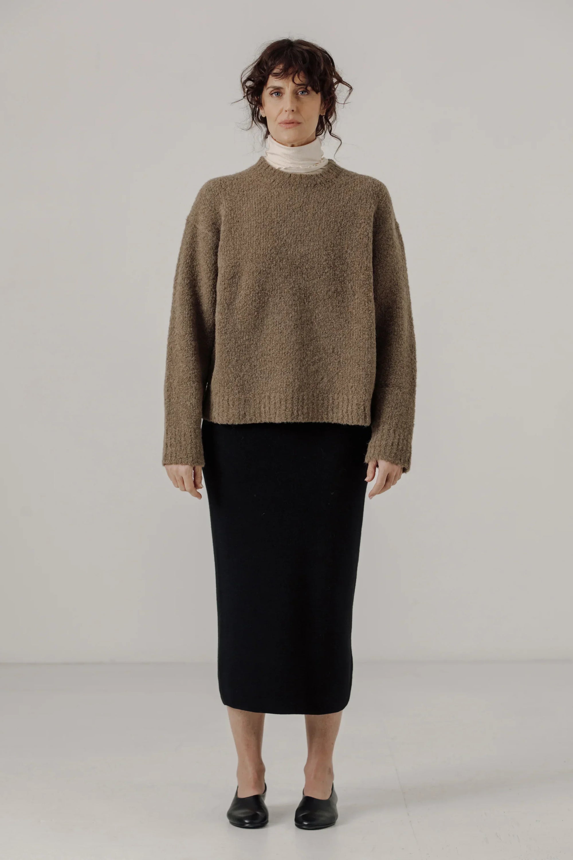 Colette Boucle Crewneck in Dark Khaki
