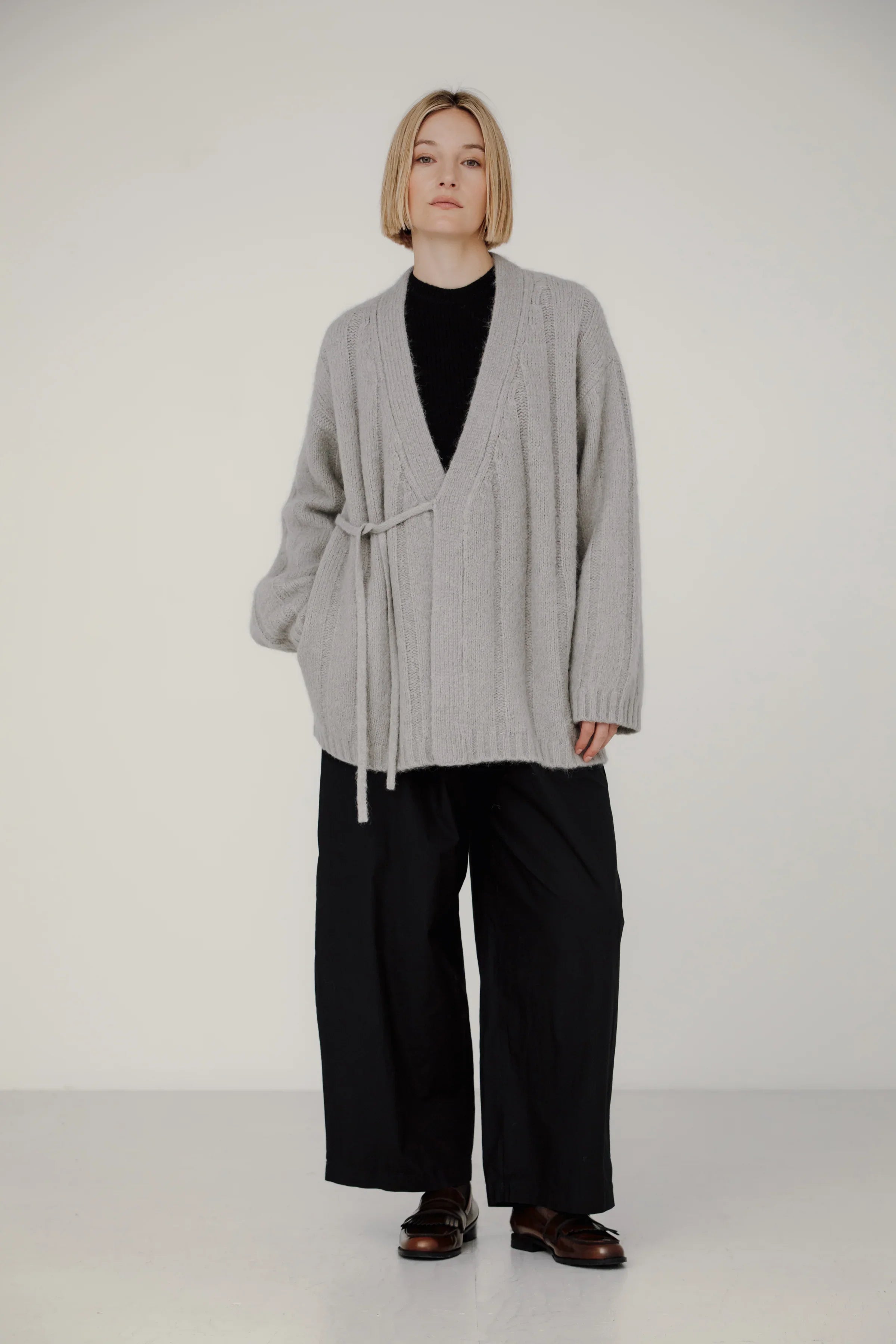 Roan Wrap Cardigan in Fog – Bare Knitwear - Main Image
